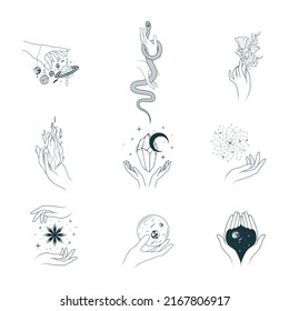 Celestial esoteric symbols and space bodies isolated set. 9 boho vector illustration for witchcraft,  mystical design and tattoo.
