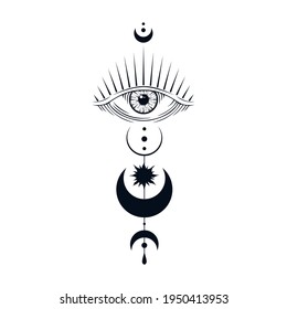 Celestial evil eye illustration. Mystical moon print. Vector isolated.