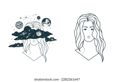 Celestial female head among clouds, stars and planets. Two hand drawn vector illustrations isolated on white for poster, tattoo and greeting card.
