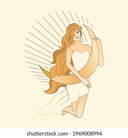 Celestial feminine blonde girl lady sacred woman astrology boho esoteric golden art. Woman with moon and star poster.