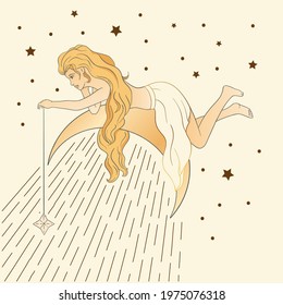 Celestial feminine blonde girl lady sacred woman astrology boho esoteric golden art. Woman with moon and star poster.