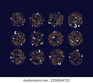 Celestial feminine logo set, woman icon collection with stars moon, fashion, travel, and hand sign vector symbols
