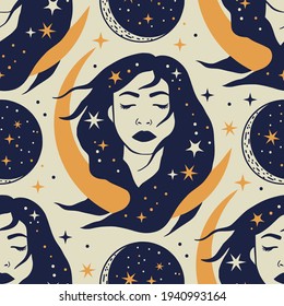 Astrología celestial femenina sin fisuras. La mujer enfrenta la galaxia de hadas arte místico lunar boho luna esotérica astronomía ilustración.