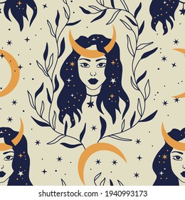 Celestial feminine magic astrology seamless pattern. Woman face fairy galaxy lunar mystic art boho moon esoteric astronomy star illustration.