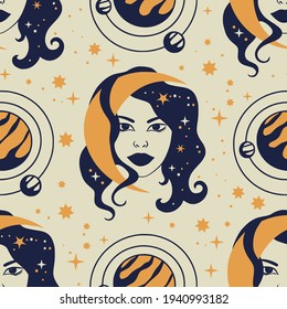 Astrología celestial femenina sin fisuras. La mujer enfrenta la galaxia de hadas arte místico lunar boho luna esotérica astronomía ilustración.