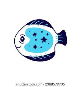 Celestial fish in doodle style. Cute underwater creature, decorated with stars, dots and lines. Funny sea life character for kids, bathroom decoration.