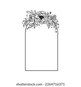 Celestial floral arch. Black and white floral frame with peonies. Line art flower bouquet. Bohemian botanical summer flower peony in sketch. Decorative botany vector illustration isolated on white.