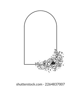 Celestial floral arch. Black and white floral frame with peonies. Line art flower bouquet. Bohemian botanical summer flower peony in sketch. Decorative botany vector illustration isolated on white.