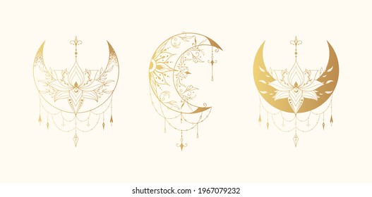 Celestial floral lotus moon illustration collection. Spiritual lunar tattoo with flowers. Mystical gold bohemian prints.