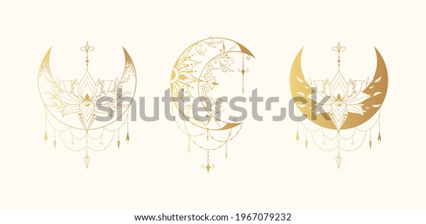 Celestial\
floral lotus moon illustration collection. Spiritual lunar tattoo\
with flowers. Mystical gold bohemian\
prints.