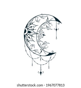 Celestial floral moon background. Spiritual lunar tattoo with flowers. Mystical boho print.