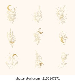 Celestial floral and moon crystals collection. Golden crystals, crescent moon, flowers isolated set. 9 hand drawn vector magic elements in boho style.