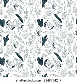 Celestial floral and moon crystals seamless pattern. Hand drawn linear illustration for wrapping paper, textile and background.