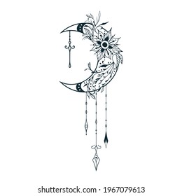 Celestial floral moon print. Spiritual lunar tattoo with flowers. Mystical boho poster.