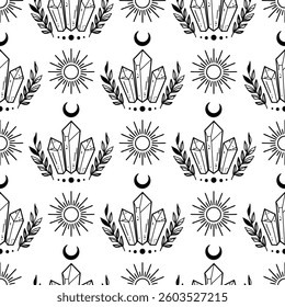 Celestial Floral Pattern with Small Leaves and crystal clusters 