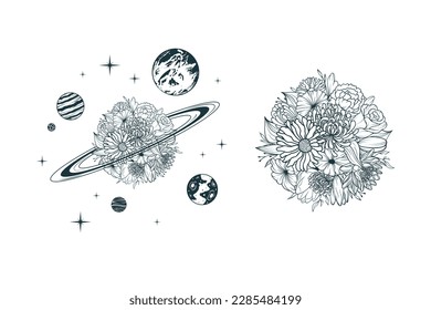 Celestial floral planet surrounded by other planets and stars. Two mystical hand drawn vector illustrations isolated on white for greeting card, tattoo and poster.