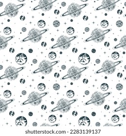 Celestial floral planets and stars. Hand drawn mystical seamless pattern. Vector illustration for background, textile, texture and wrapping paper.