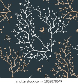 Celestial floral seamless mystic pattern. Boho mystical print design witk moon ans stars on a black background.