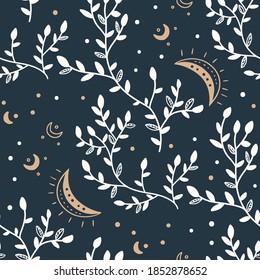 Celestial floral seamless mystic pattern. Boho mystical print design witk moon ans stars on a black background.