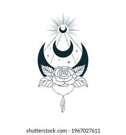 Celestial flower moon print. Mystical lunar tattoo. Spiritual boho illustration.