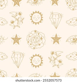 Celestial Flowers and Stars Seamless Pattern. Hand drawn endless background with sun rose crescent star eye cloud crystal diamond golden line art elements. Vector illustration