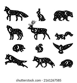 Celestial forest animals. Hand drawn silhouettes. Wild woodland animals. Stars, moon, universe. Vector illustration