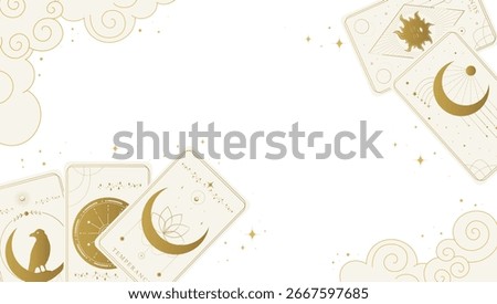 Celestial fortune telling banner with tarot cards and clouds. Tarot desk. Vector illustration