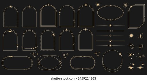 Celestial frame, arch and border, y2k. Vector bohemian style arcs, shapes, dividers, circles and ovals with sparks and twinkles. Golden linear boho set in trendy modern minimalist linear magical style