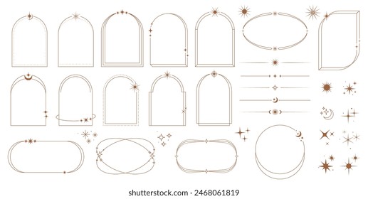 Marco celeste, arco y borde, arcos de estilo bohemio y2k Vector, Formas, divisores con estrellas, lunas, chispas y centelleos. Marcos de boho lineales dorados establecidos en estilo mágico lineal minimalista moderno de moda