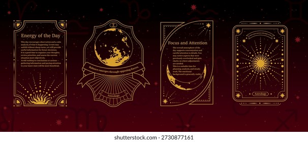 Moldura celeste. Decoração de lua e estrelas em cartão de tarô. Borda de astrologia para design de logotipo ou horóscopo. Forma vintage brilhante. Previsão de ocultismo esotérico. Elementos do zodíaco. Ilustração mística vetorial
