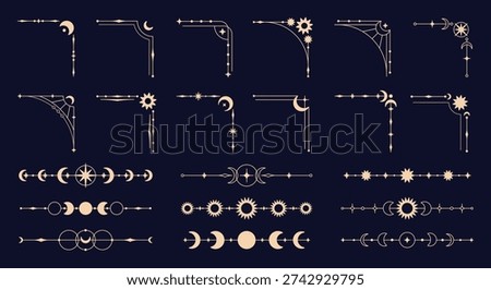 Celestial frames corners. Luxury divider and corner with mystic signs sun, stars, moon and crescent. Decoration for invitation, postcards, banners, racy vector clipart