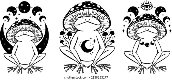 Celestial Frog, Magic toad with moon, Frog in mushroom hat, Celestial toad, Witchy frog with moon phases