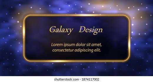 Celestial galaxy banner or poster design. Blue night sky background with shiny star dust and golden glowing frame border. Vector illustration