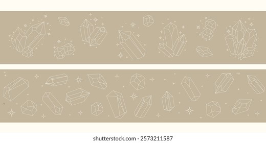 Celestial gemstones seamless border. Crystal thin line set. Simple magical crystal black contour symbol. Witchy.