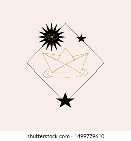 Celestial and geometric elements and golden paper boat, vector illustration, perfect to use on the web or in print