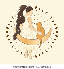 Celestial Girl And A Cat Sacred Astrology Woman Boho Esoteric Golden Art. Moon And Star Magic Vector Card.