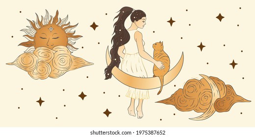 Celestial girl and a cat sacred astrology woman boho esoteric golden art. Moon, sun, cloud and star magic vector card.