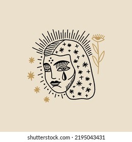 Celestial girl hand drawn face. Gothic dark boho tattoo illustration, isolated woman head drawing in vintage style, mystical gloom character concept.
