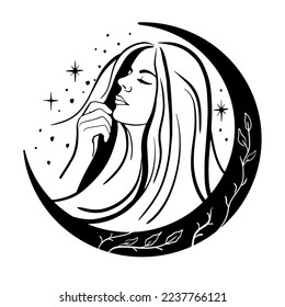 Celestial girl lady Woman and crescent. Mysterious portrait lady girl with moon in her hair. Vector hand drawn illustration in boho style,black and white line art