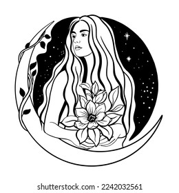 Celestial Girl. Mysterious portrait lady girl with moon in her hair. Vector hand drawn illustration in boho style, black and white line art. Vector hand drawn illustration in boho style, black