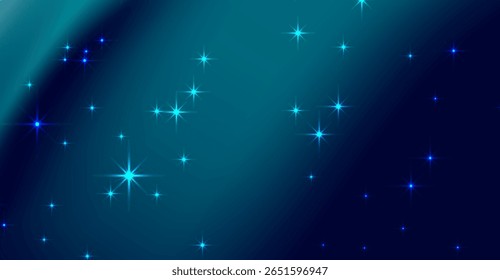 O brilho celeste retrata um gradiente azul sonhador, acentuado por estrelas cintilantes e dispersas, criando uma atmosfera tranquila e sobrenatural com apelo visual elegante na escuridão