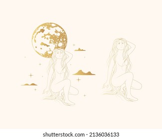 Celestial goddess against the background of the starry sky, clouds and planet. Golden female  vector isolated set in boho style. Line art design elements for greeting card or poster.