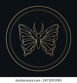 Celestial golden emblem with a butterfly outline in a circle. Space magical art. Vector illustration