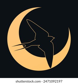 Celestial emblema dorado con un pájaro golondrina y media luna. Silueta de pájaro Martín sobre fondo de media luna. Ilustración vectorial