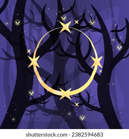 Celestial Golden Frame On Fantasy Fairy Mystical Forest Violet Dark Illustration Abstract Background Vector