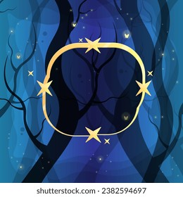 Celestial Golden Frame On Fantasy Fairy Forest Blue Illustration Abstract Background Vector