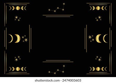 Celestial golden frame with stars, moon phases, crescents, and copy space. Mystical constellations border. Vector mystic linear background with place for text.