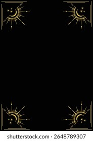 Quadro dourado celestial com estrelas, lua, crescentes e espaço de cópia. Fronteira das constelações místicas. Plano de fundo linear místico vetorial com lugar para texto.