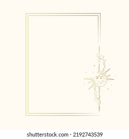 Celestial golden frame with sun and moon. Vintage background for tarot card, astrology, natal chart and horoscope, greeting card  in boho design. Vector illustration isolated on white background.