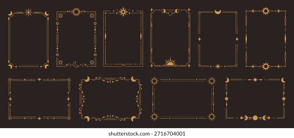 Marco dorado celestial con sol, luna y estrellas para cartel mítico, invitación de boda vintage en estilo de astrología cósmica de lujo. Borde de Vector para Tarot Card, marca espiritual con símbolos mágicos Boho.